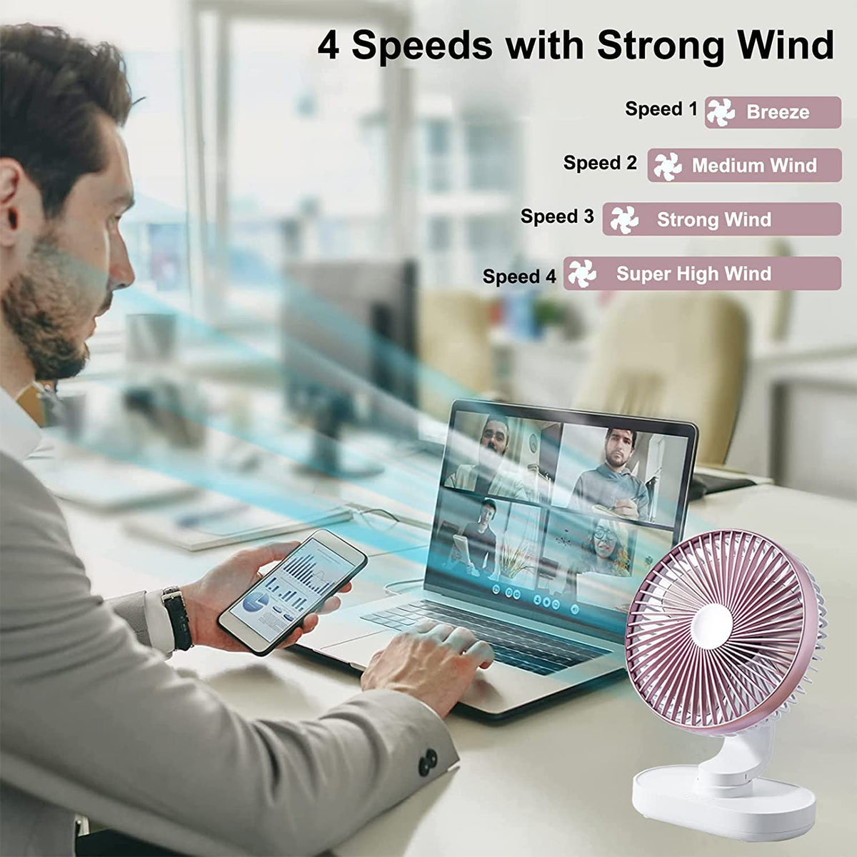 ASDQWE USB Mini Desk Fan,Portable Oscillating Fan with 4 Speeds,6.5-inch  Adjustable Quiet Table Fan,Rechargeable Battery Operated Personal for Home